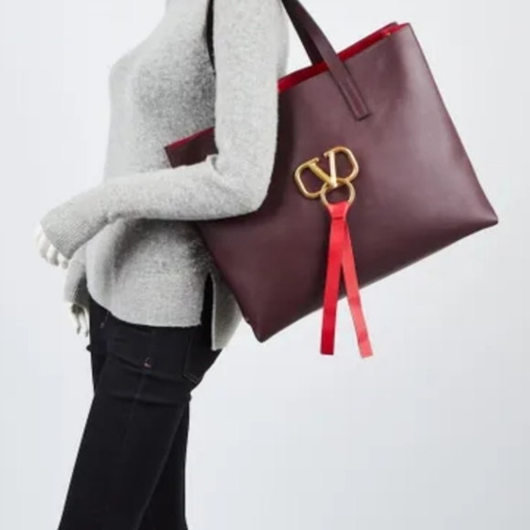 VALENTINO Burgundy Leather V-Ring Tote Bag - Picture 2 of 16